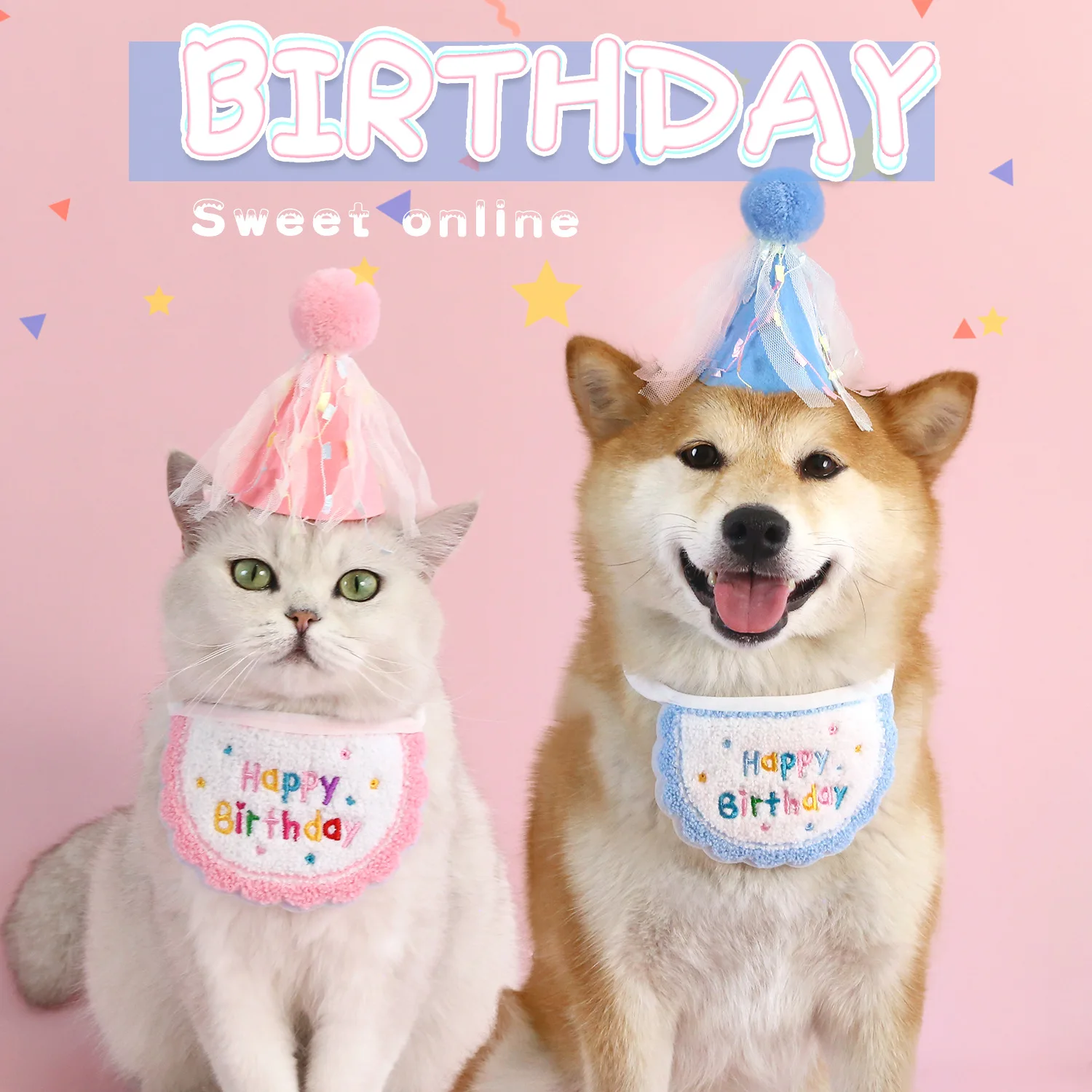

Pet Birthday Set Tassel Ball Hat Embroidery Happy Birthday Polka Dot Cat Dog Party Bib Headgear