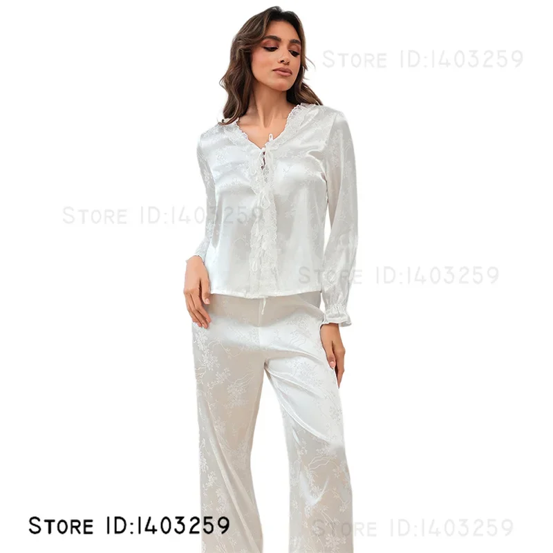 

New Female 2PCS Pajamas Set Chinese Style Jacquard Sleepwear Home Clothes Spring Autumn New Satin Homewear Pijamas Suit Lingerie