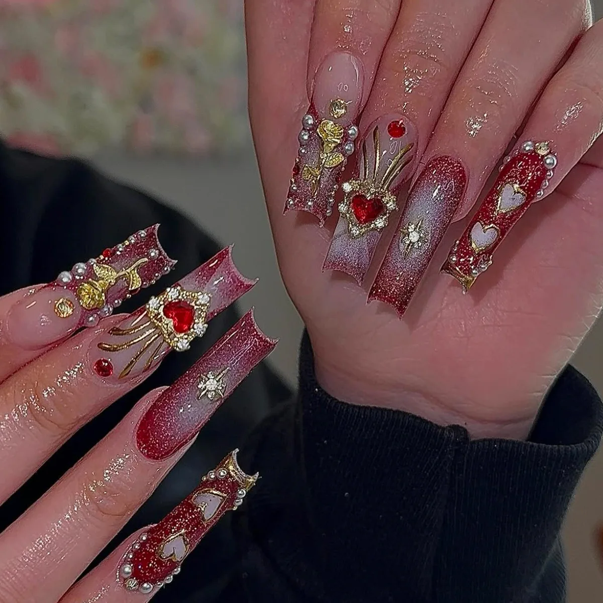 

24PCS Luxury Long Square False Nails Red Blush Gradient French Press on Fake Nails for Women 3D Golden Roses Heart Stick-on Nail