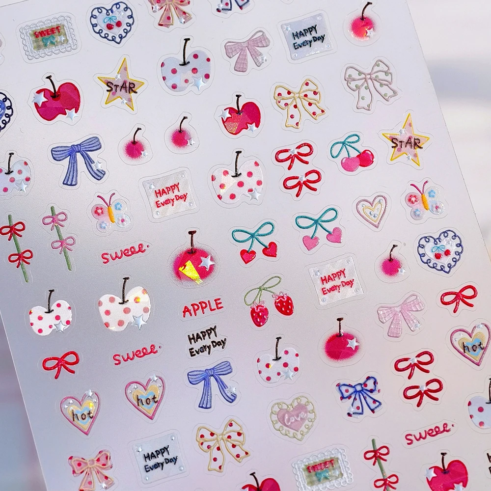 Dulce amor corazón botón manzana pera 5D Nail Art pegatina Floral pétalo arco mariposa autoadhesivo decoración manicura calcomanía DIY