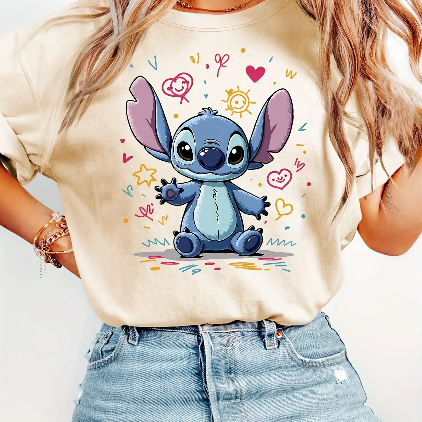 Disney Stitch Pattern T-Shirt Cotton Men's Women Streetwear Casual Trendy Oversized Loose Short Sleeve Unisex Event Outfit