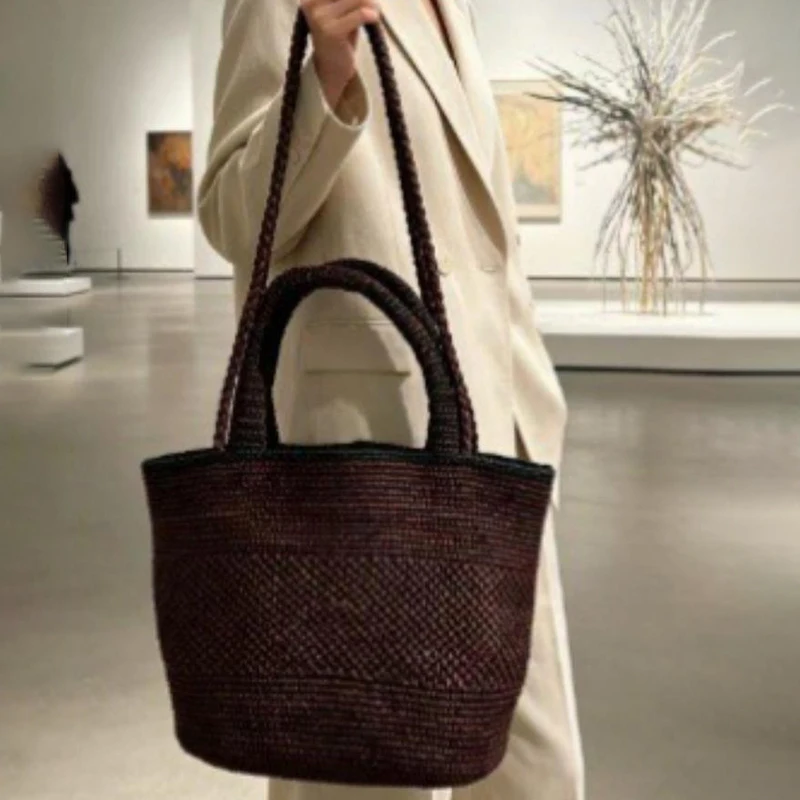 Handgewebte Raffia-Stroh Strandtasche, Leichte Vielseitige Sommer-Umhängetasche für Pendeln und Reisen, Einfarbige Tragetasche – Detail 8