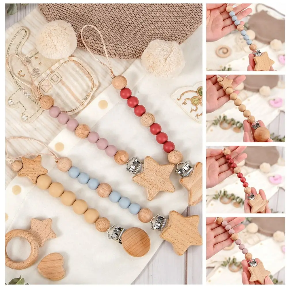 Wood Pacifier Holder Clips Star Dummy Clips Baby Pacifier Chain Nipple Holder Clips Soother Holder Baby Teether Toys Straps