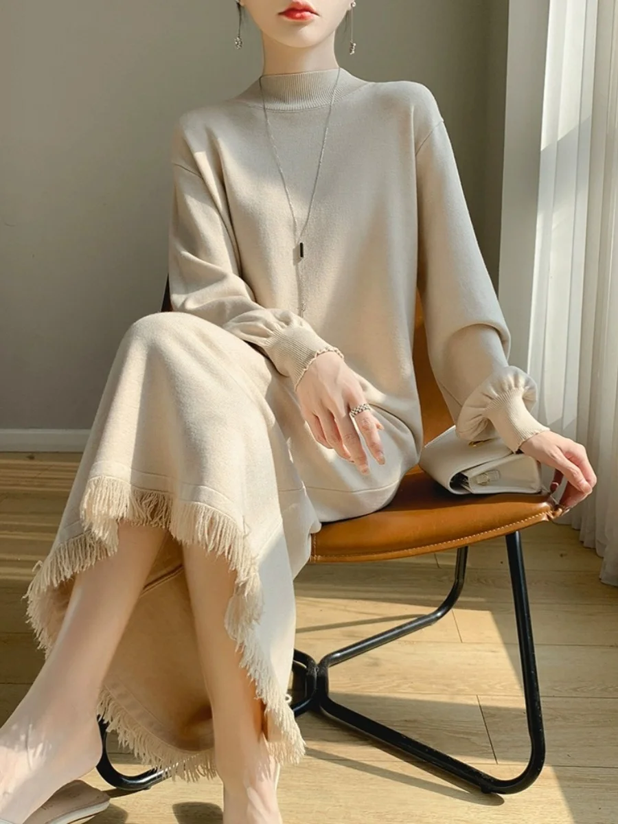 

Women's Mid-Length Knitted Dr f-High Collar Sweater Dr Lazy Tassel Bot Knitted Dr Winter Faion Long Sve