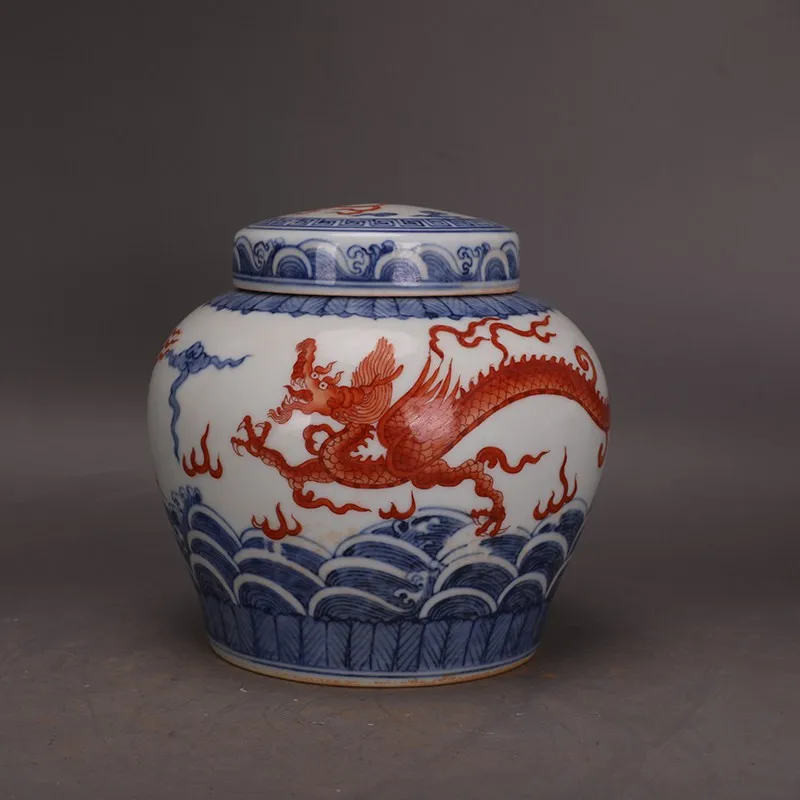 A Pair Chinese Ming Chenghua Blue And White Porcelain Red Dragon Design Pot 5.8