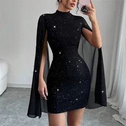 Sexy Clubwear Women Dress Spring Summer New O Neck Striped Pearl Chiffon Cape Hip-hugging Mini Dresses For Women Prom Vestidos