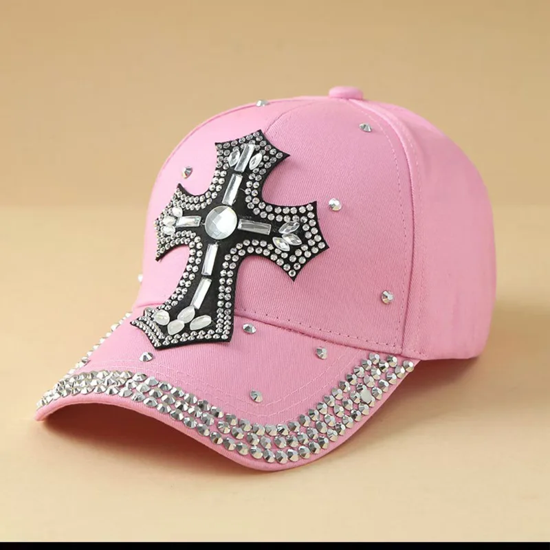 Unisex Rhinestone Cross Baseball Cap, Bling Crystal Studded Adjustable Dad Hat, Punk Y2K Fashion Sun Hat for Men Women Streetwea