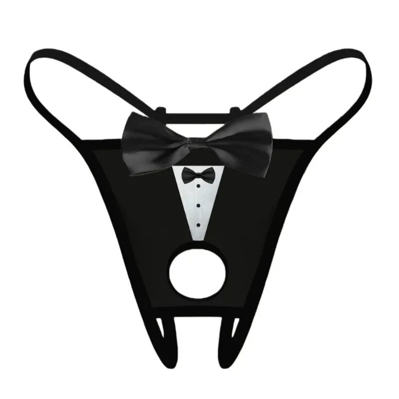 Men's Sexy Bow Decoration Thong Underwear with Fun Printed Breathable Soft Hollow Out Underwear