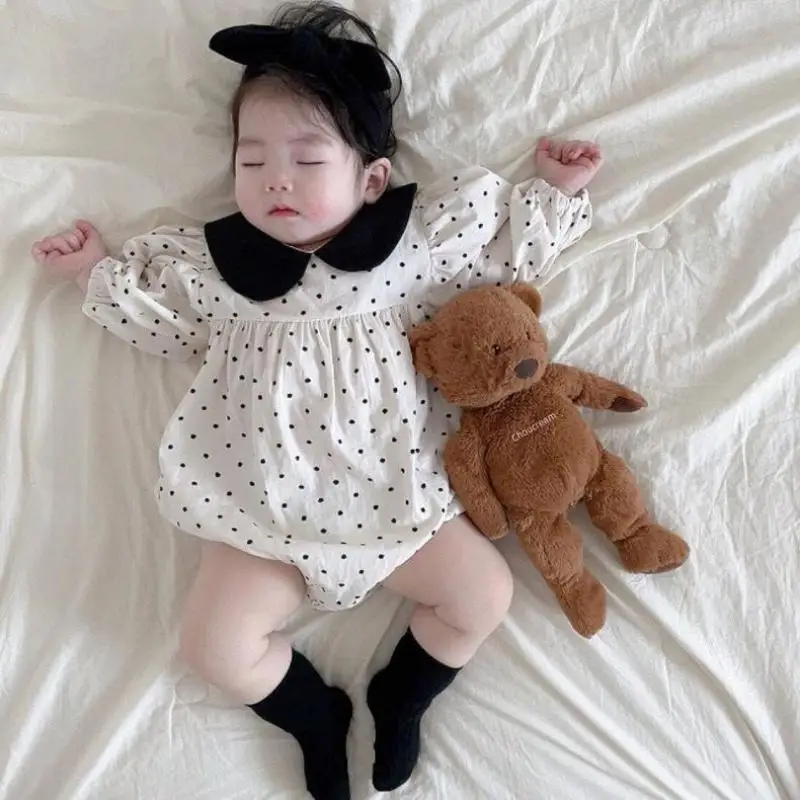 2024 Spring New Baby Girl Long Sleeve Pokal Dot Bodysuit Infant Peter Pan Collar Princess Jumpsuit Newborn Toddler Clothes 0-24M