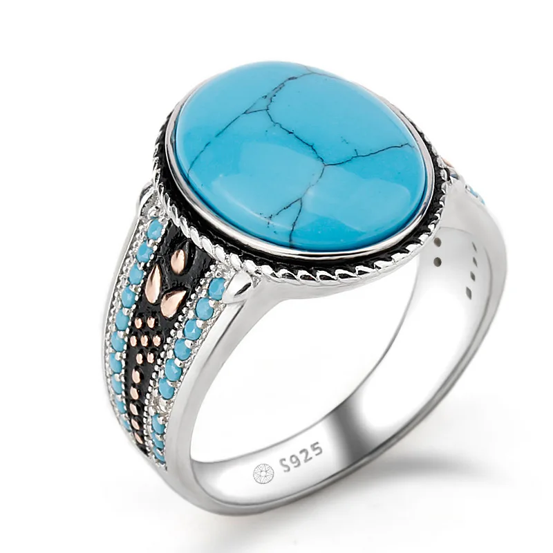 

Turquoise Ring for Men 925 Sterling Silver with Sky Blue Stone Life Track Significance Rings for Male Women Vintage Jewelry Gift