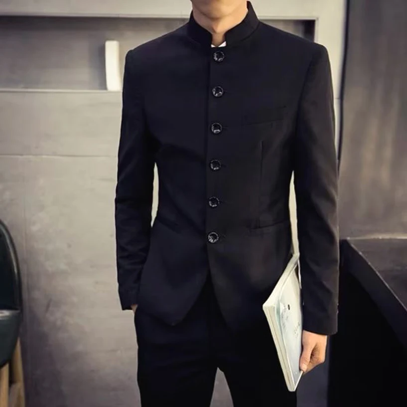 

Youth Faionable Stand Collar Men's Suit Korean Sle High School Jaet Casual Western Coat Pure Color Long Sve Autumn Wear