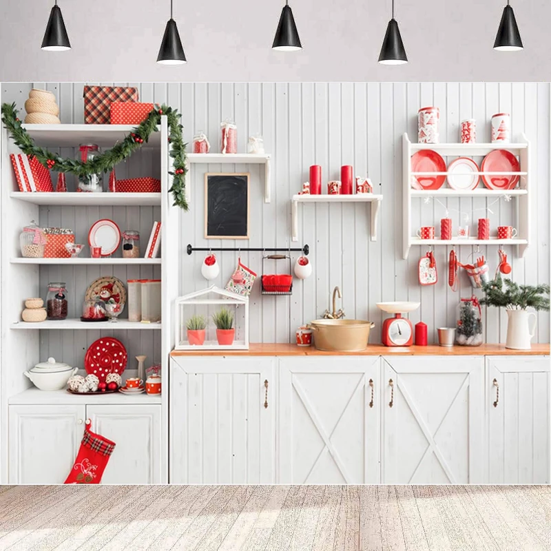 Christmas Modern Kitchen Photography Backdrop Retro Wood Wall Cook Background Wall Indoor Decor Newborn Baby Portrait Props