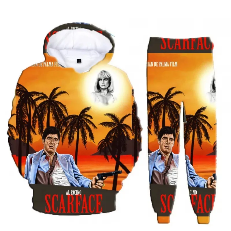 Gran oferta de película clásica Scarface Tony Montana, Sudadera con capucha con estampado 3D, traje para hombre, sudaderas, pantalones de chándal, conjunto de chándal informal de dos piezas