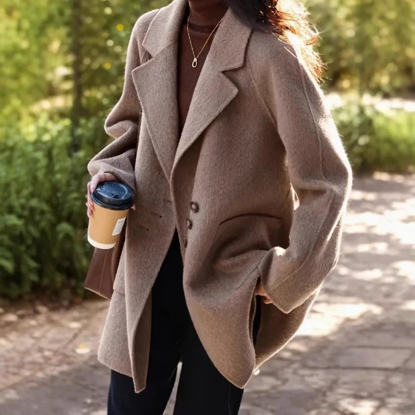 

Ele Casual Woolen Jaet Women's Faion Street Sle Autumn Winter New Arrival Ele Lapel Coat Hooded Chinese Brand