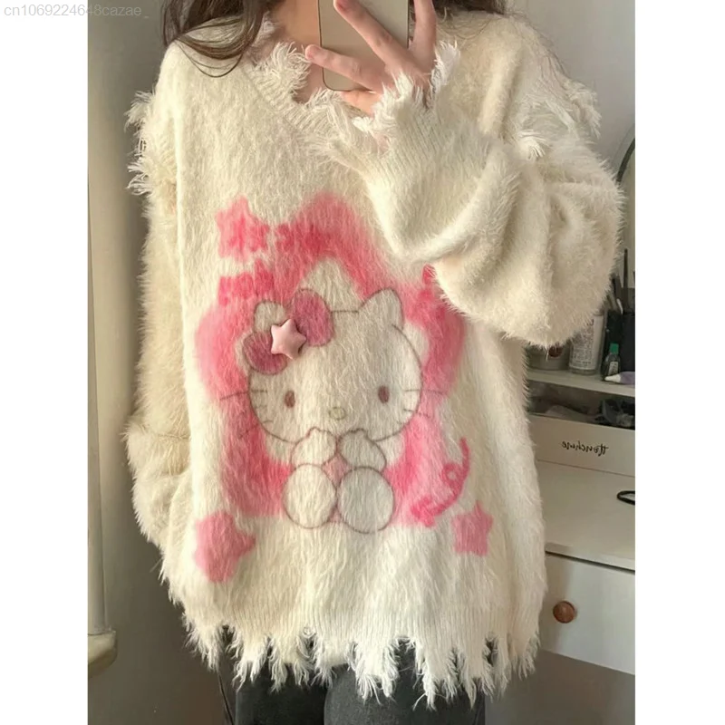 Sanrio Hello Kitty Pink Star Soft Sweater Academy Style Sweet Knit Top Shirts Women Aesthetic Pullover Y2k Anime Cute Sweatshirt