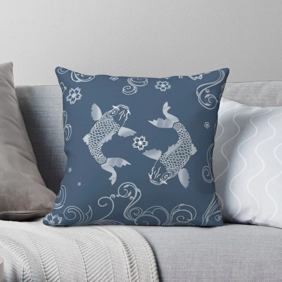 Funda de almohada blanca Koi Fishes On Steel Blue, funda de almohada de poliéster, lino, terciopelo, decoración creativa con cremallera, funda de cojín para sofá, 45x45