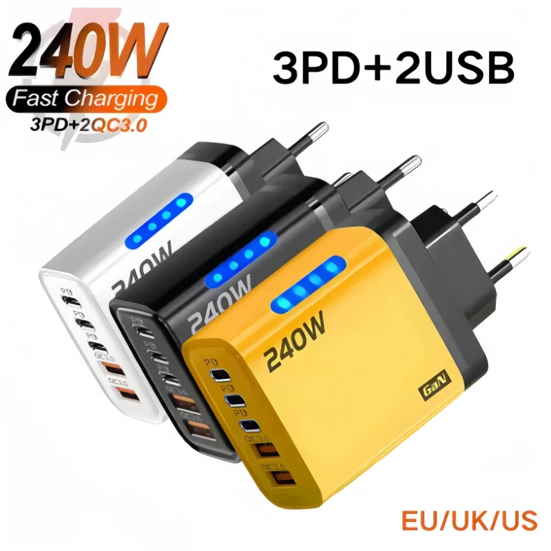 5 in 1 GaN 240W USB Charger Fast Charging EU/US/UK Plug Mobile Phone Quick Wall Charger For iPhone Xiaomi Huawei Travel Adapter