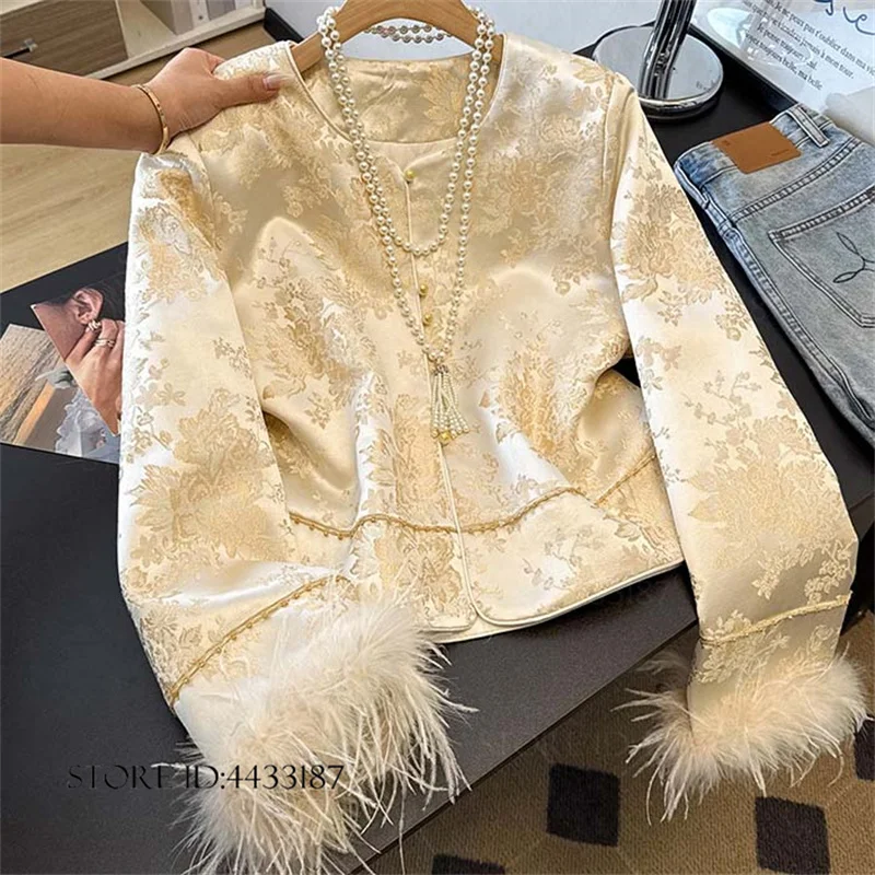 Vintage Feather Jacquard Qipao Tops Coat New Chinese Style Women's Tang Costume Jacket Autumn Winter Fashion Streetwear Outwear
