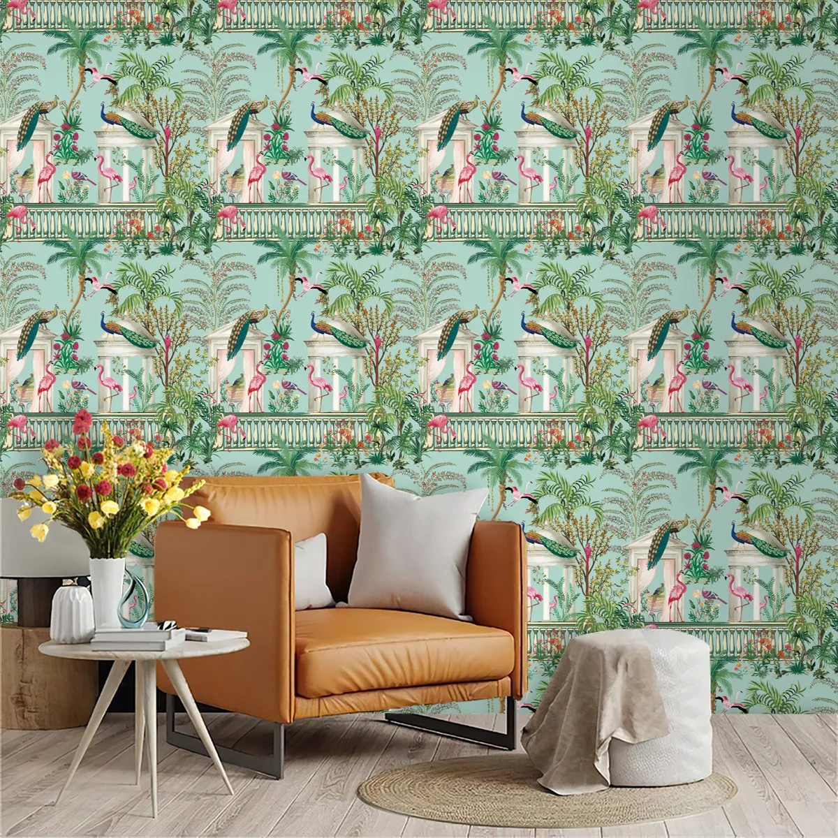 Customized European style light luxury photo wallpaper peacock forest elephant bedroom background wall moisture-proof wallpaper