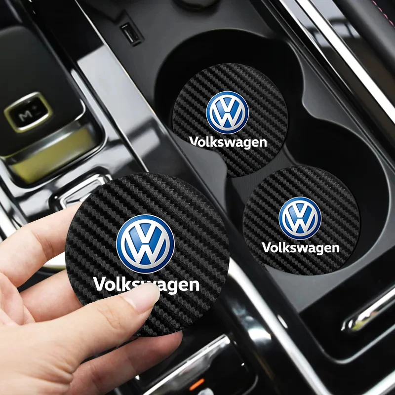 2Pcs Carbon Fiber Coaster Car Water Cup Anti-slip Pad Mat Auto Interior For Volkswagen VW RLine R Golf Amarok T5 ID3 Tiguan GTI