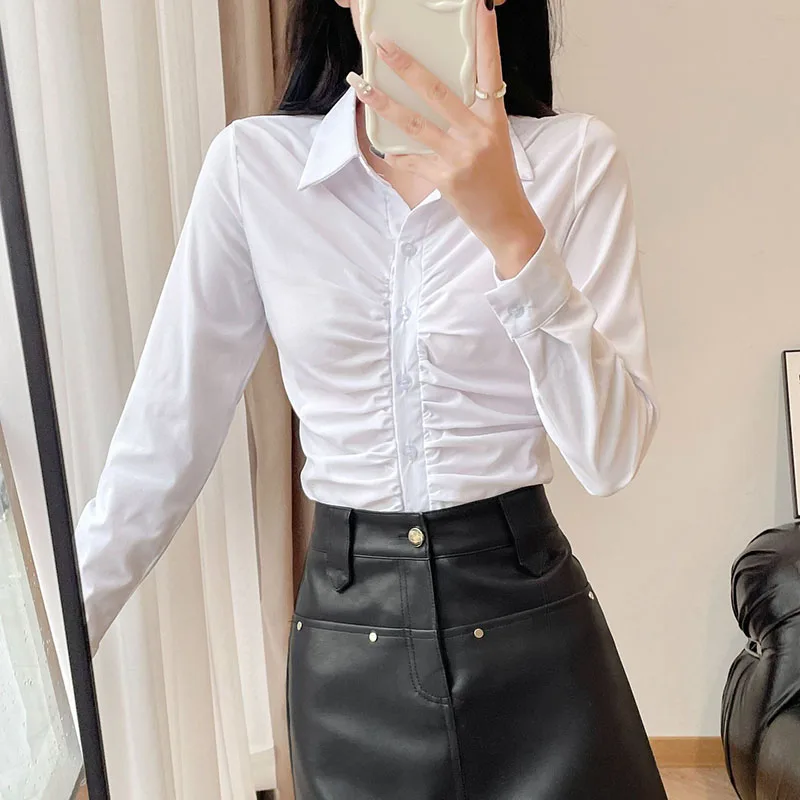 Otoño mujer blusas blancas de manga larga ajustadas coreanas botones pliegues camisas con cuello vuelto Sexy Y2K Oficina señora OL Crop Tops