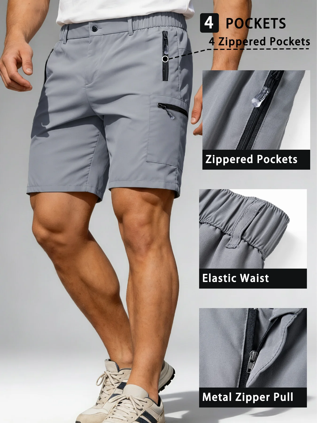 Men Quick Dry Cargo Shorts Breathable Lightweight Elastic Waist 4 Zipper Pockets Outdoor Hiking Workout Casual Short Pants
