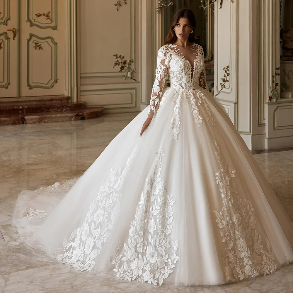 ชุดบอลชุดแต่งงานชุดที่กําหนดเอง Elegant แขนยาวลึก V คอ Applique Sweep Train Robe De Mariee เจ้าสาวชุดเจ้าสาว