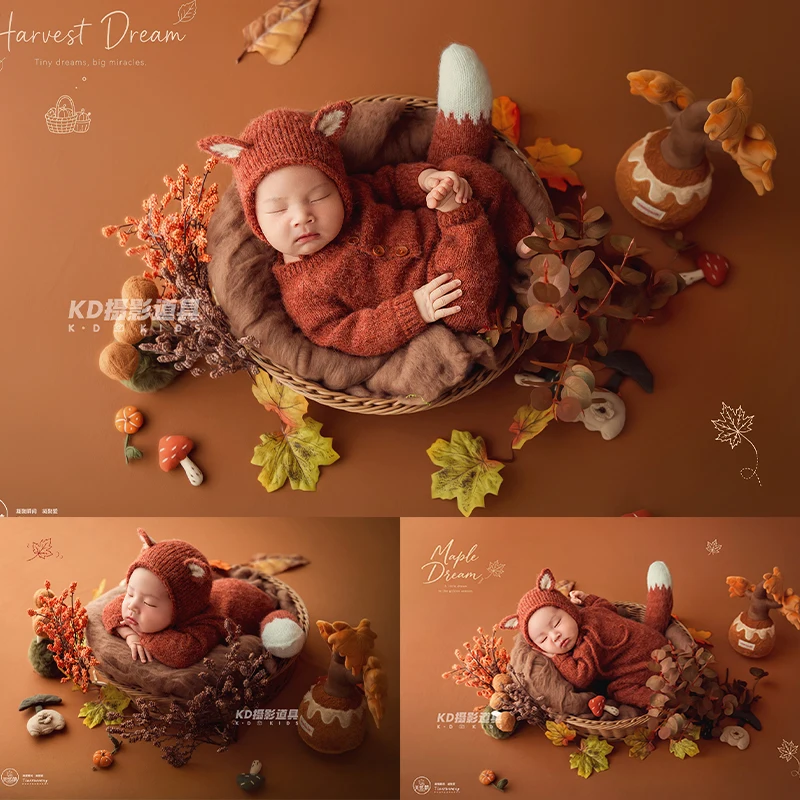 cute-fox-newborn-photography-prop-knit-hat-bodysuit-set-woven-basket-posing-prop-0-1-month-infant-studio-photo-shooting-outfit