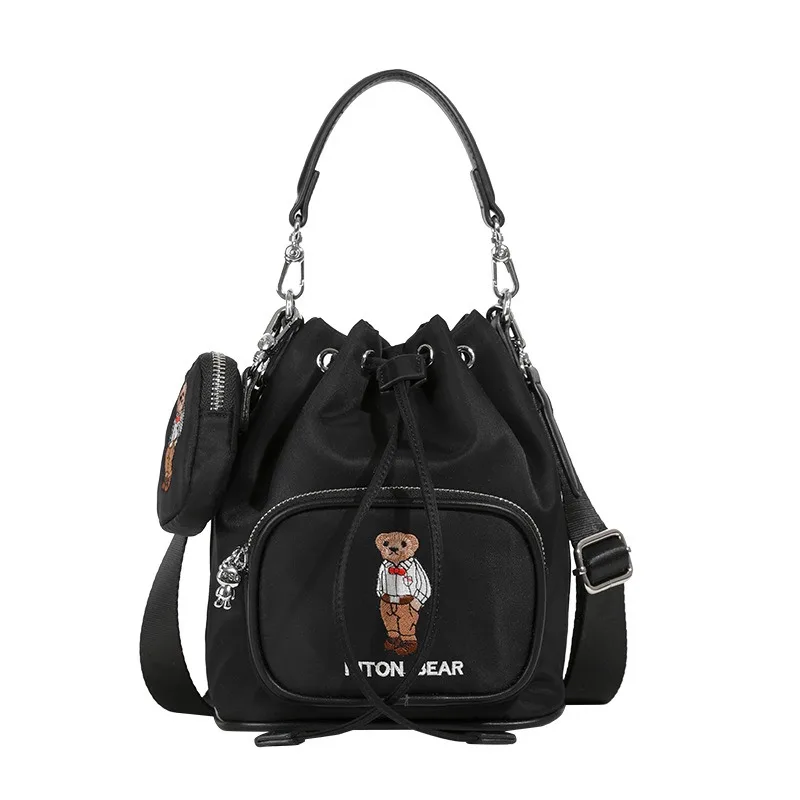 Beibaobao 2024 Summer New Black Women\'s Bag Little Bear Drawstring Cloth Bucket Bags Leisure Fashionable Versatile Crossbody Bag