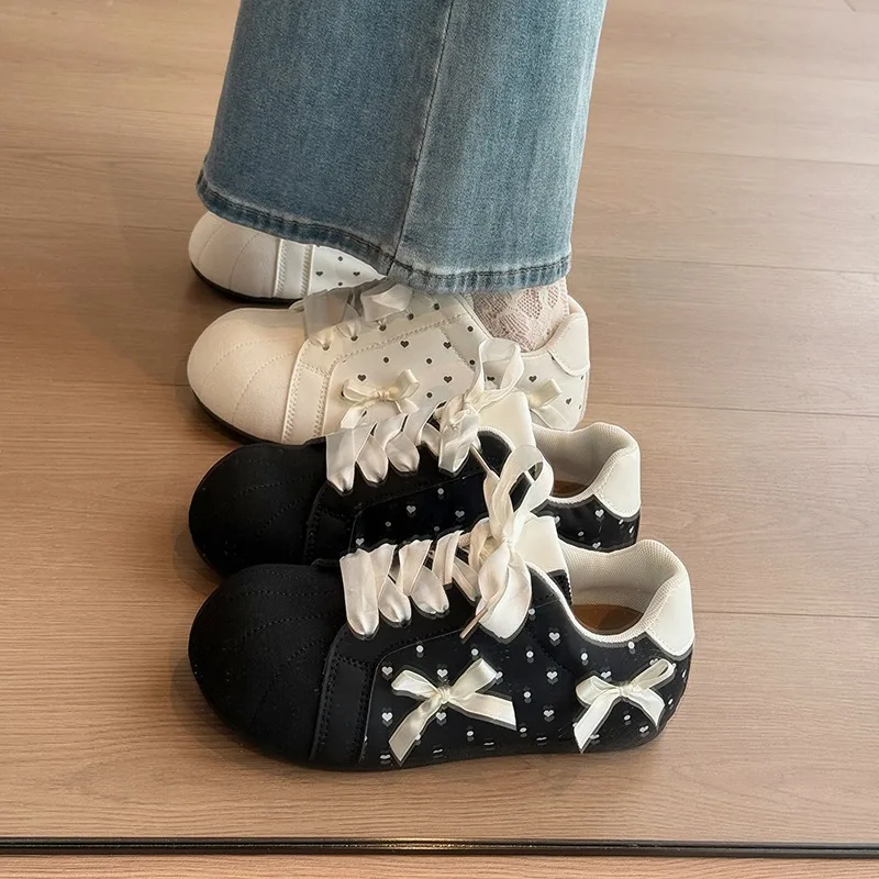 2026 New Polka Dot Bow Decor Women's Sneakers Round Toe Versatile Loafers Fashion Solid Comfort Lightweight Women Shoes Tenis
