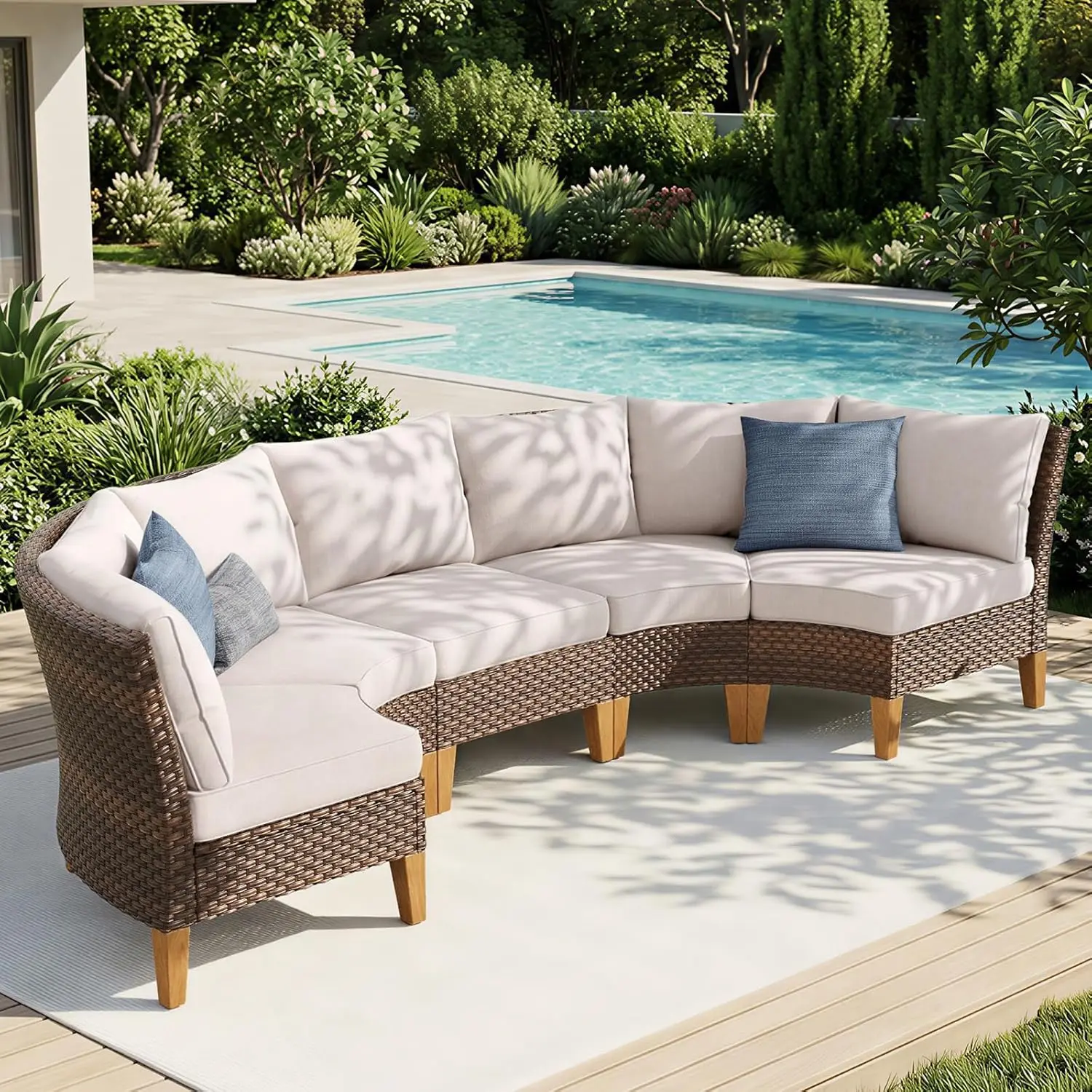 

5 Piece Half Moon Outdoor Wattan Sectional Sofa Conversation Set Weather Resistant Cushions Backyard Deck Pool, Custom