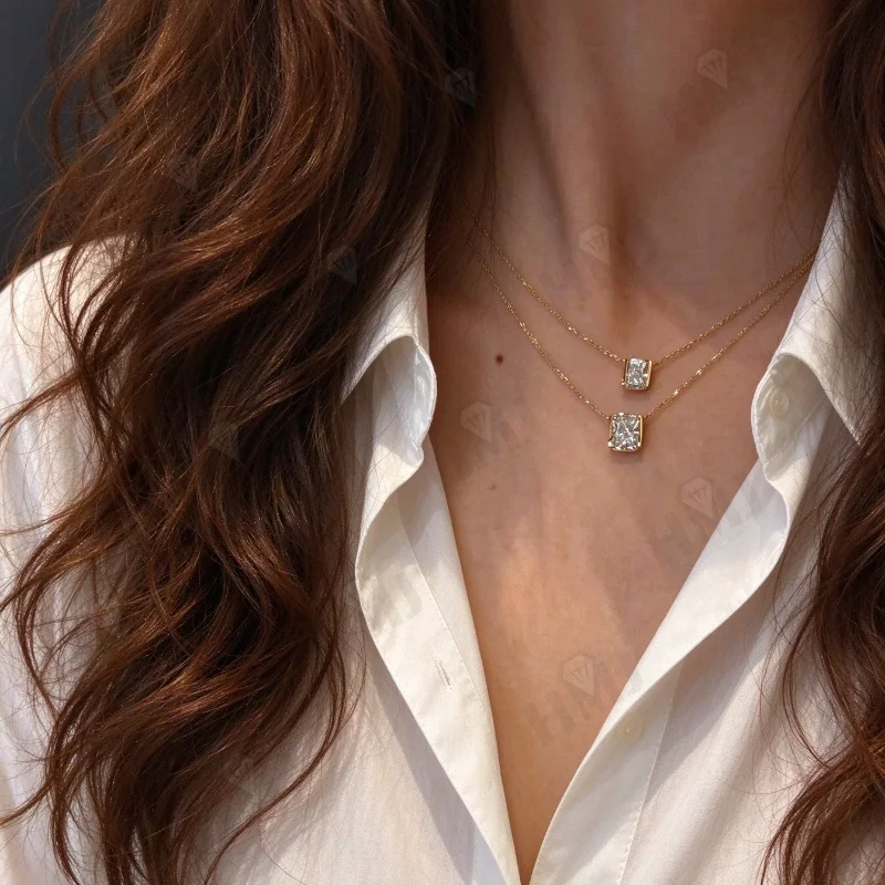 Laborgezüchteter Diamant-Anhänger, 2 Karat, DEF, VS, Radiant-Schliff, Echtes 925er Sterlingsilber, 10K 14K Gold, Hochzeits-Party-Kette, Charms – Detail 6