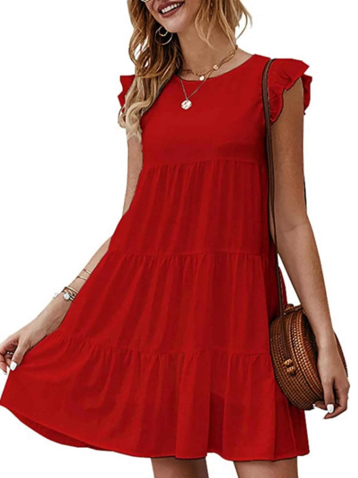 Vestido F E de Cintura Alta, Decote Redondo, Sem Mangas, Saia em Camadas, Estilo Básico, Tecido de Poliéster, V...