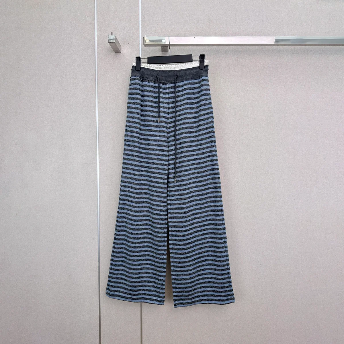 2026 High-Quality Women's Lace-Waisted Drawstring Striped Knit Wide Leg Pants--26922193
