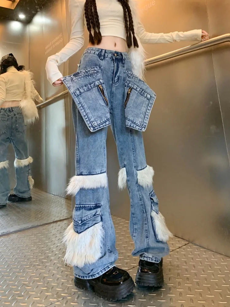 

Vintage Blue Bell Bottom Jeans for Women Fur Patchwork Fashion All-match Denim Pants 2025 Early Autumn New Wide Leg Pants