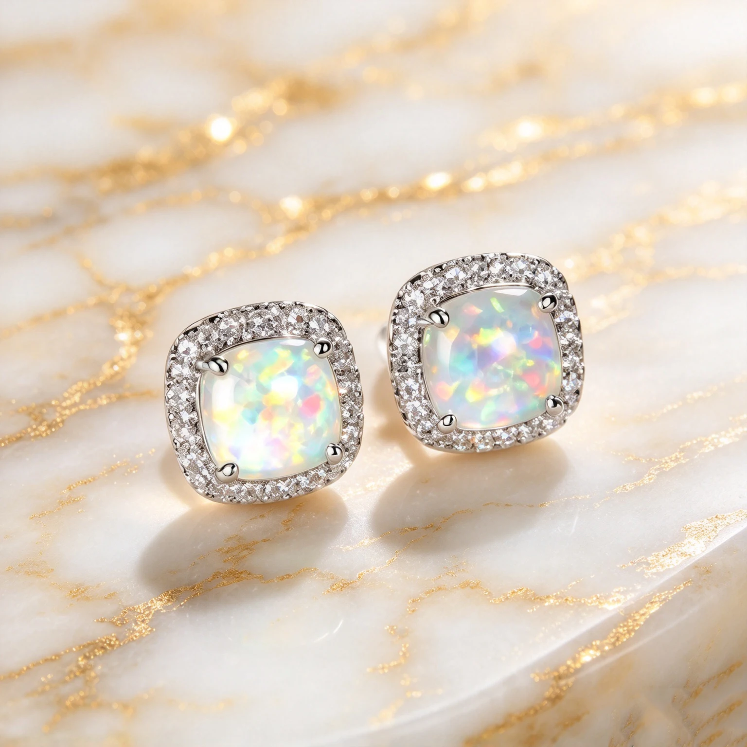 Women's Cute White Fire Opal Stone Round Stud Earrings