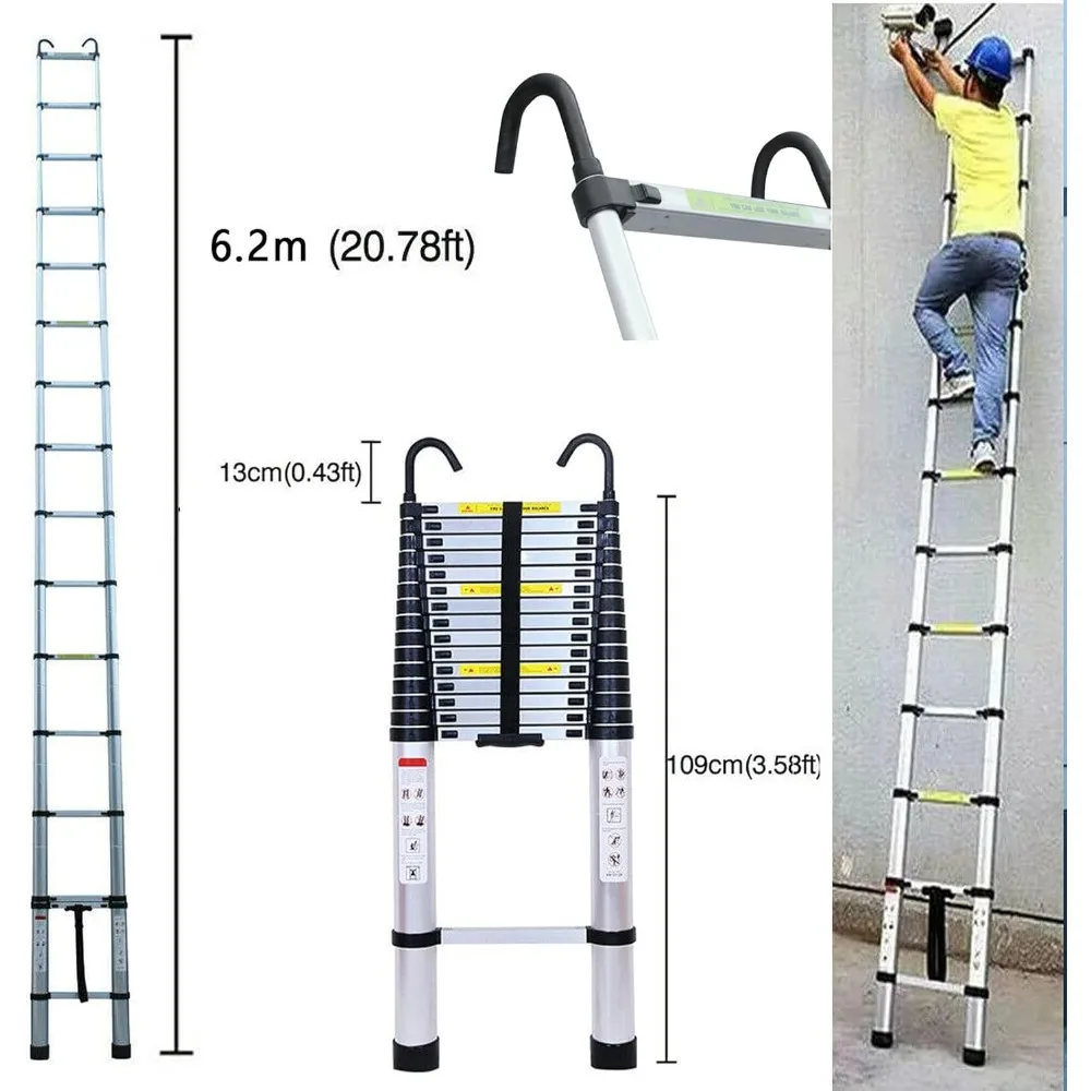 Drabina przedłużająca 20 stóp z 2 odłączanymi haczykami Aluminiowa drabina teleskopowa Składana drabina