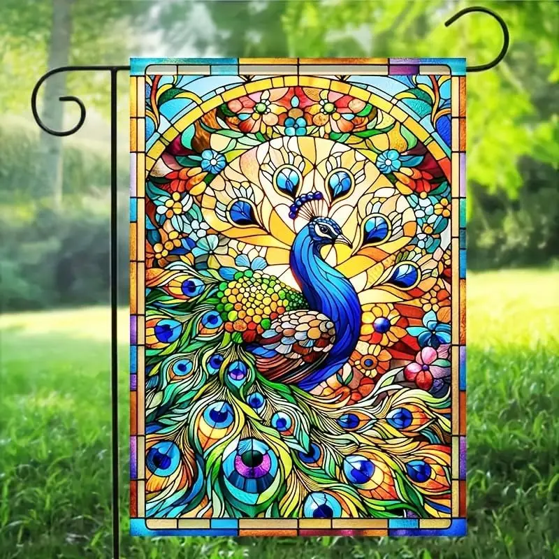Peacock Garden Flag With Vibrant Stained Glass Design And Floral Background Garden Flags 12x18 Double Sided Outdoor Patio Ho yyi