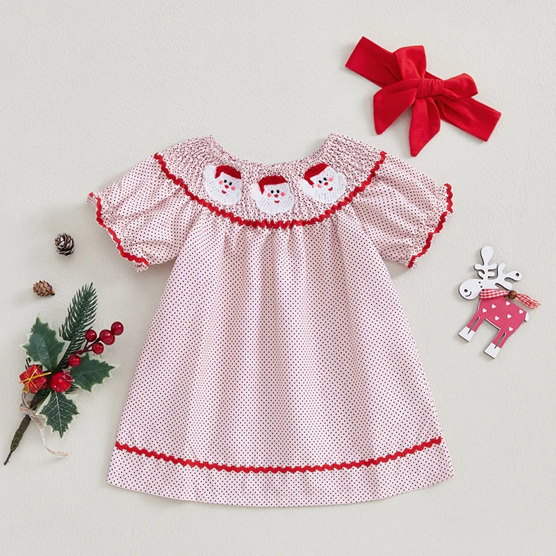 Baby Girl Christmas Outfit Infant Toddler Dot Print Christmas Smocked Dress Vintage Princess Santa Dresses Cute Clothes