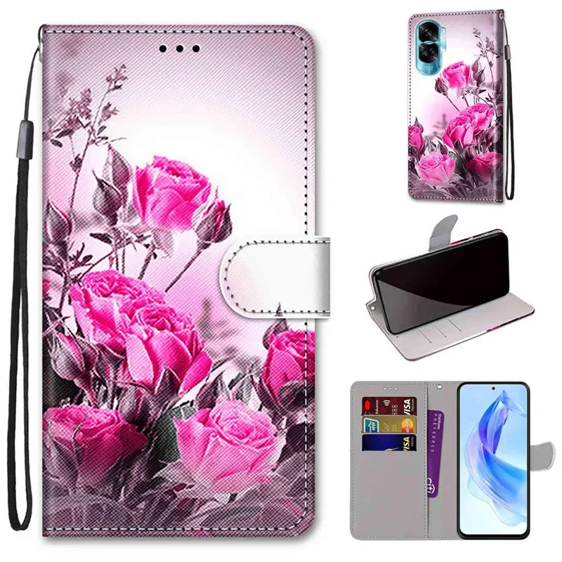 Leather Magnetic Case For Huawei Honor 90 Pro 70 Honor90 Magic5 Lite 90Pro 90Lite 5G Phone Cover Flip Wallet Painted Funda Etui