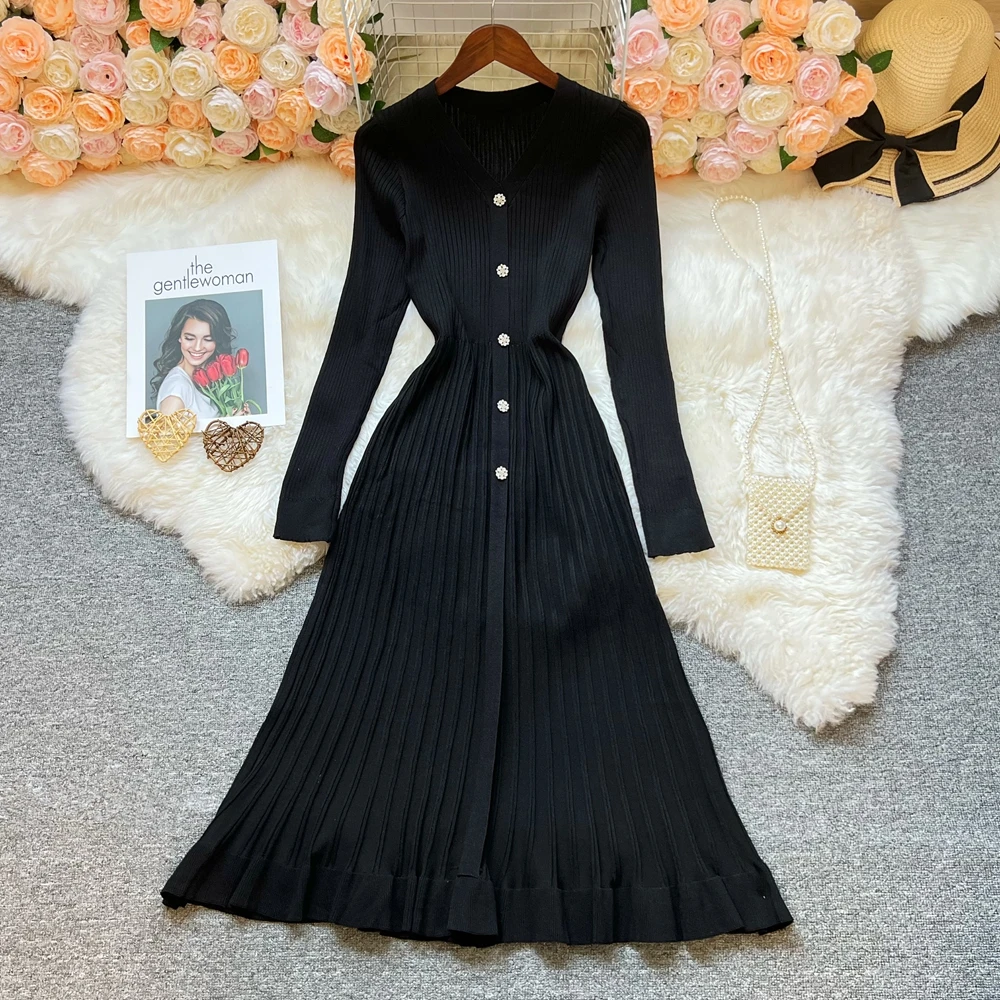 YuooMuoo Chic Fashion Women Elegant Pleated Knitted Long Dress 2025 Autumn Winter V-neck Lady Sweater Dress Korean Party Vestido