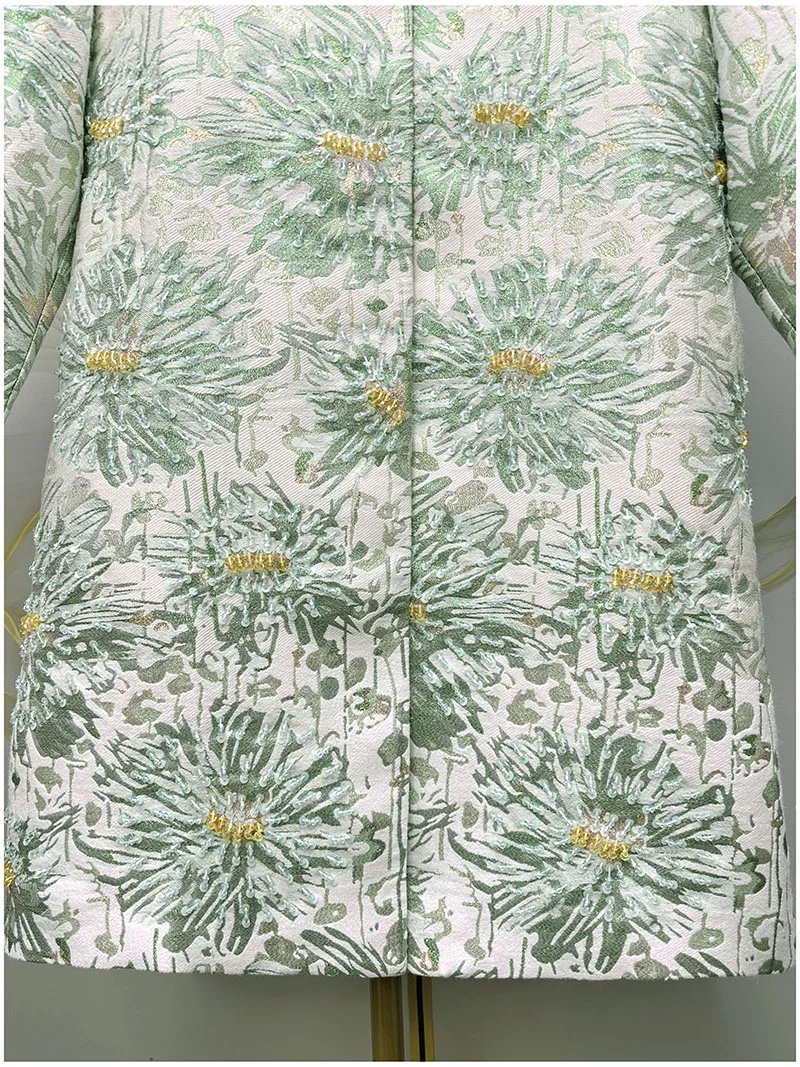 French Fashion Socialite Embroidered Beaded Sequin Round Neck Long Sleeve Single-Breasted Loose Long Trench Coats Jackets Women