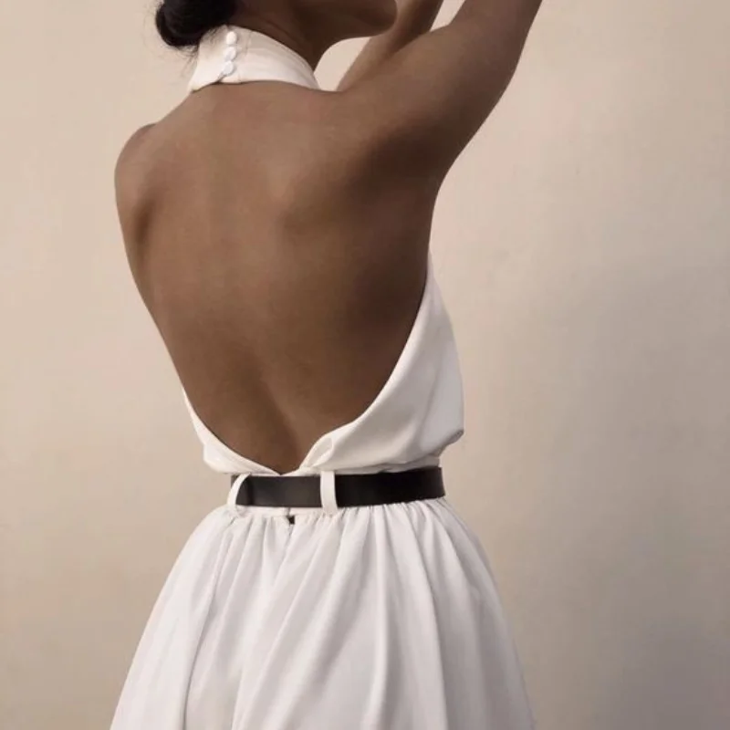 2023 Halter Wide Leg Backless White Skinny Rompers  Sexy Bodycon Summer Jumpsuit Women Overalls Womens Jumpsuit Lady Long Pants