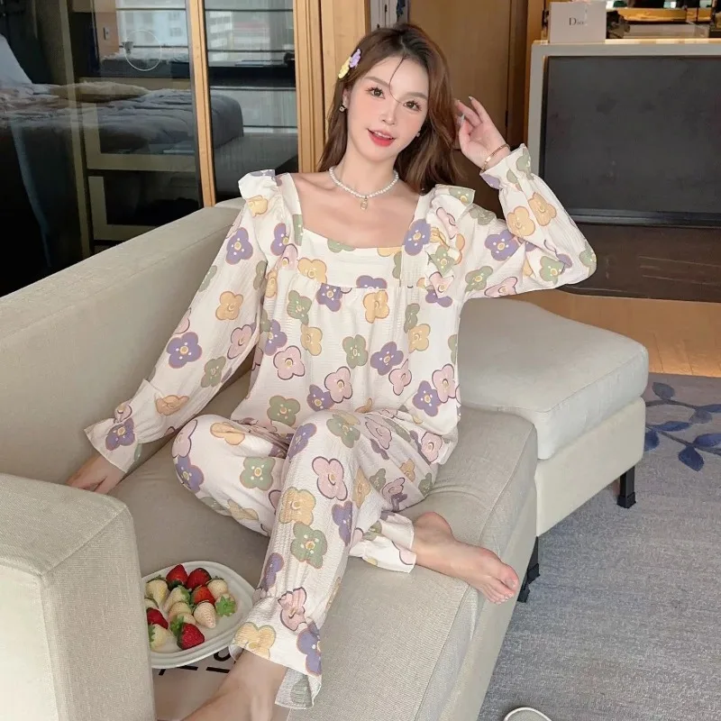 Pajamas Women 2024 Spring Autumn Student Casual Sweet Little Flower Printed Homewear Suit Loose Square Collar Sleepwear Set