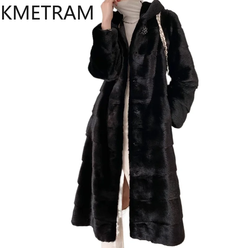 Natural Whole Mink Fur Coat Women with Hood Luxury Black Long Fur Jacket for Winter New in Outerwears Womans Clothing 2025 шуба