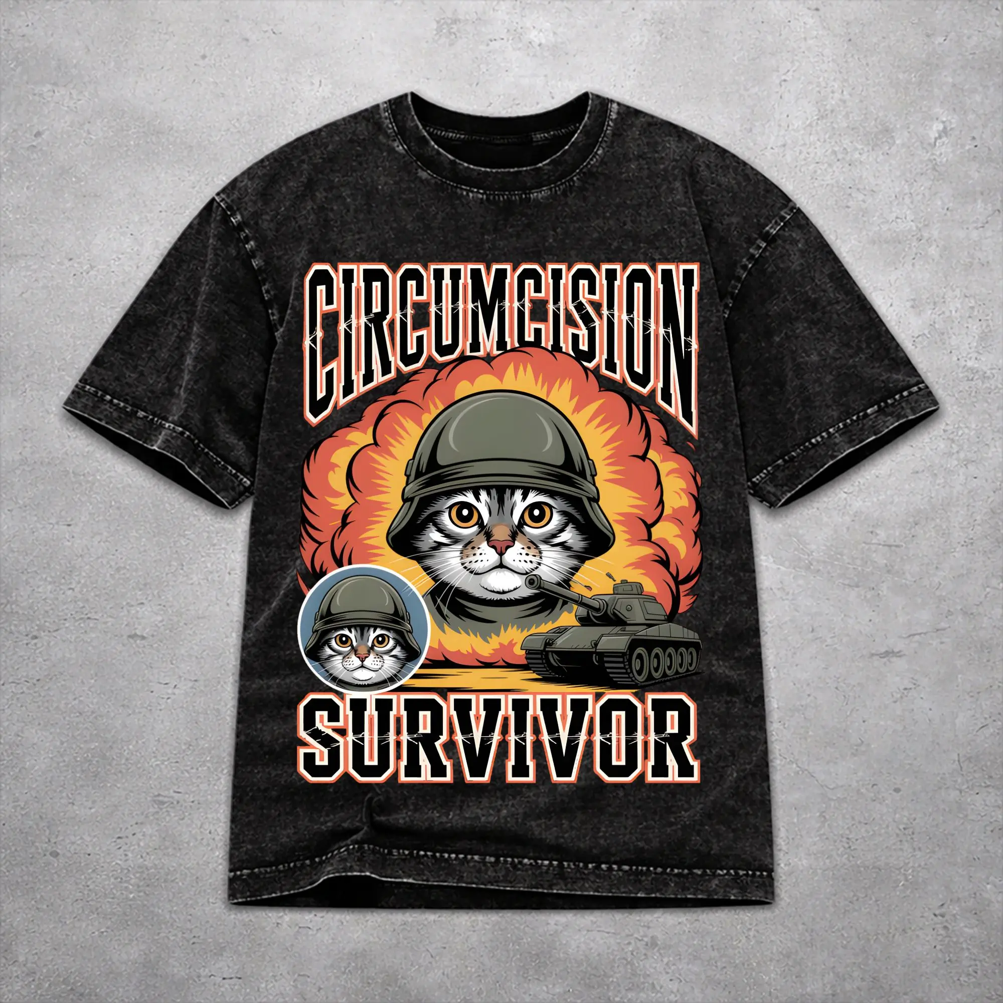 Circumcision Survivor Funny Cat Meme  Washed T Shirt Vintage Streetwear for Men Women  Oversize Tee T-Shirts Cotton