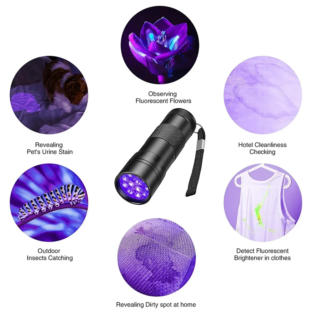 1-10PCS 12 LED UV Flashlight 395nm Mini Ultraviolet Torch Waterproof Emergency Inspection Handheld Violet Light Detector Tools