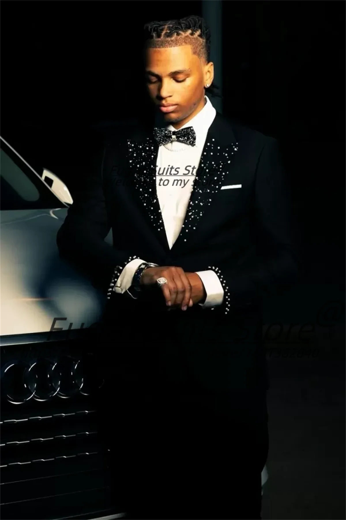 Fashion Black One Button Prom Men Suits Customized Shiny Beading Peaked Lapel Groom Wedding Tuxedos 2 Pieces Sets Ropa Hombre