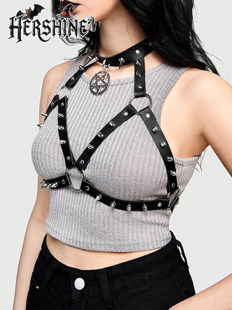 HERSHINE 1 pezzo da donna con pentagramma per unghie a punta nera, cinturino pettorale avvolto al collo, accessorio di Halloween in stile scuro Y2K