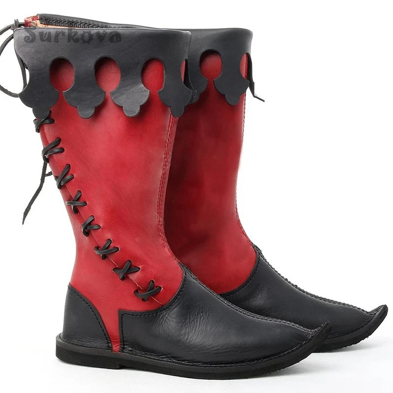 Punk Gothic Mid-Calf Boots Japanese Anime Cosplay Pirate Shoes Vintage Pointed Toe Mixed Colors Embroidered Western Cowboy Boots